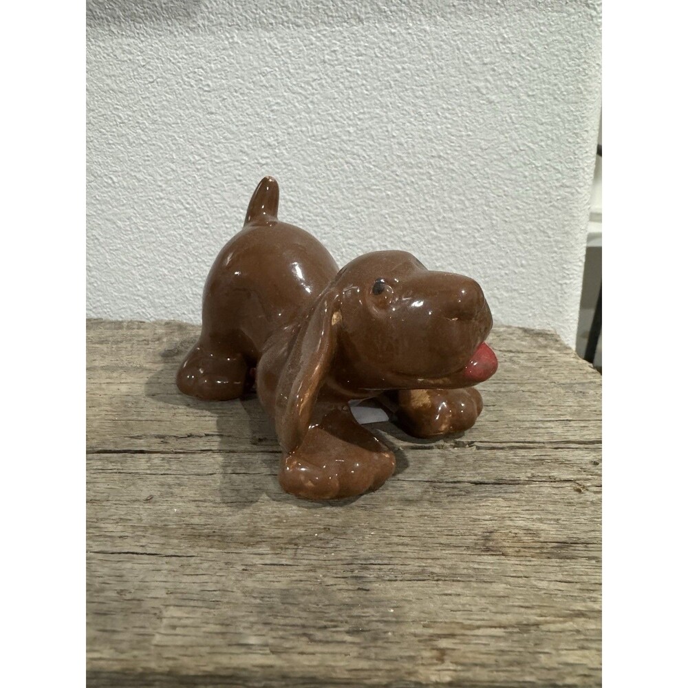 Handmade Brown Glazed Ceramic Dog Figurine Floppy Ears Tongue Out 3.5”
